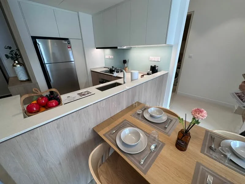 Kitchen features: stainless-steel fridge, built-in oven, ceramic cooktop, white cabinetry, light grey backsplash, quartz countertop, single-bowl stainless-steel sink, chrome pull-down faucet, recessed downlights; style: modern. Dining features: wood dining table, 4 upholstered dining chairs, table setting with plates and glasses, decorative flower vase, fruit basket with apples, grey placemats; style: modern.