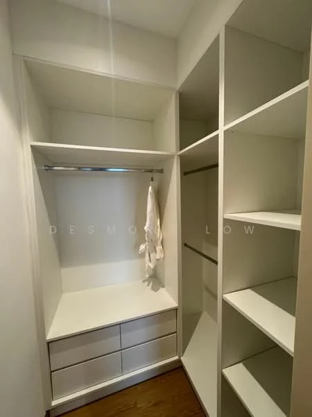 Room features: built-in shelving, white cabinetry, hanging rod, drawers, wooden flooring, minimalist design, open storage space; style: modern.