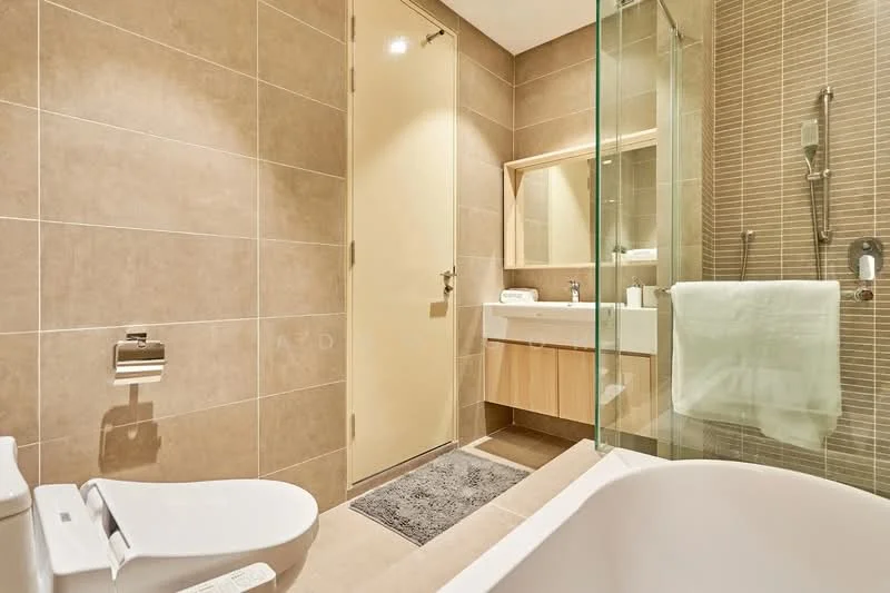 Bathroom features: light beige tile walls, light beige tile flooring, glass shower enclosure, built-in vanity with wood cabinetry, white sink, chrome basin mixer faucet, framed mirror above vanity, one-piece toilet, freestanding bathtub, towel rack, white bath towels, recessed lighting; style: modern.