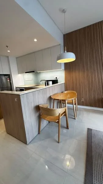 Kitchen features: white cabinetry, wooden accent wall, grey backsplash, stainless-steel fridge, built-in oven, 4-burner gas hob, single-bowl stainless-steel sink, chrome pull-down faucet, pendant light, round dining table, 2 wooden dining chairs, polished tile flooring, recessed downlights; style: modern.