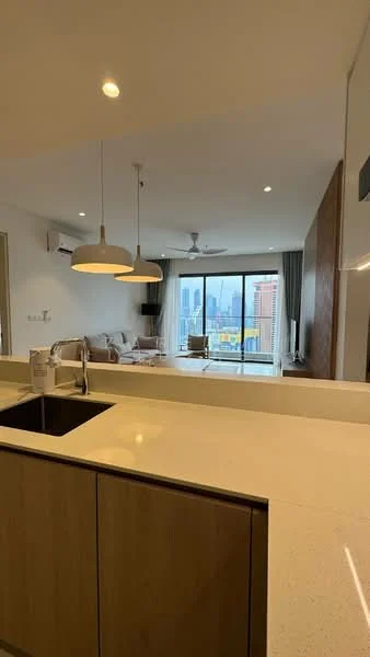 Kitchen features: single-bowl stainless-steel sink, chrome pull-down faucet, quartz countertop, wood cabinetry, open shelving, recessed downlights, pendant lamps, floor-to-ceiling windows; style: modern; view: city. Living features: 3-seater fabric sofa in light color, coffee table, TV console, wall-mounted TV, area rug, curtains, ceiling fan; style: modern; view: city.