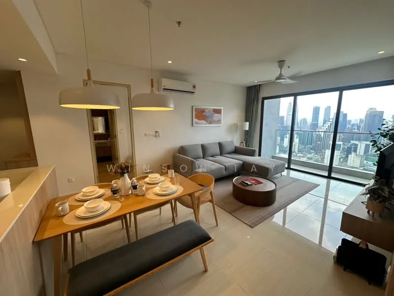 Living features: floor-to-ceiling windows, grey fabric sofa, coffee table, area rug, 3-blade ceiling fan, wall-mounted air conditioning unit, decorative plant, city skyline view; style: modern; view: city. Dining features: 6-seater dining table, wooden dining chairs, bench seating, table setting with plates and cutlery; style: modern.