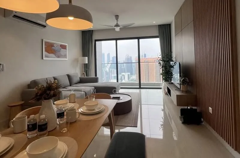 Living features: 3-seater fabric sofa in grey, coffee table, TV console, wall-mounted TV, area rug, floor-to-ceiling windows, city skyline view, recessed downlights, ceiling fan, wood panel accent wall, marble flooring; style: modern; view: city. Dining features: dining table, 4 dining chairs, ceramic dinnerware, glass vase with decorative elements, bottled water, table setting, wooden tabletop; style: modern; view: city.