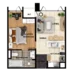 Floor plan: 1-bedroom 1-bathroom unit; features: open-plan kitchen-dining-living, master bedroom with ensuite bathroom, utility room, balcony off living room, central foyer.
