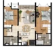 Floor plan: 2-bedroom 2-bathroom unit; features: open-plan kitchen-dining-living, master bedroom with ensuite bathroom, bedroom 2 with shared bathroom, balcony off living room, utility room, central foyer, 2 car porch, 1,200 sqft built-up.