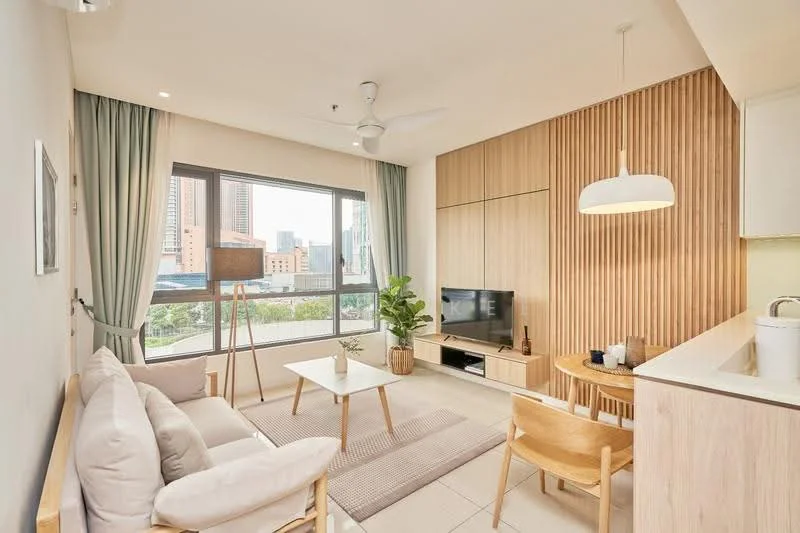 Living features: 3-seater fabric sofa in light grey, wooden coffee table, TV console with built-in storage, wall-mounted TV, area rug with neutral color, floor-to-ceiling windows, curtains in light blue, ceiling fan with light, wood panel accent wall, indoor plant in ceramic pot, recessed downlights; style: modern; view: city.