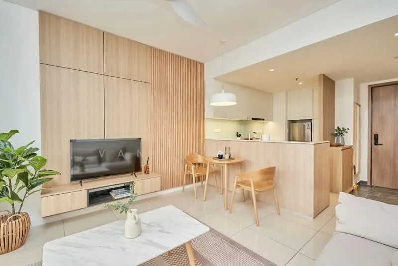 Living features: light grey sofa, wooden coffee table, flat-screen TV on wooden console, wood panel accent wall, recessed lighting, ceiling fan, large windows with natural light, decorative indoor plant, area rug with geometric pattern; style: modern. Kitchen features: white cabinetry, stainless-steel fridge, built-in oven, countertop with bar seating, pendant lighting, open layout to living area; style: modern.