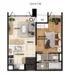Floor plan: 1-bedroom 1-bathroom unit; features: open-plan kitchen-dining-living, master bedroom with ensuite bathroom, utility room, balcony off living room, central foyer.