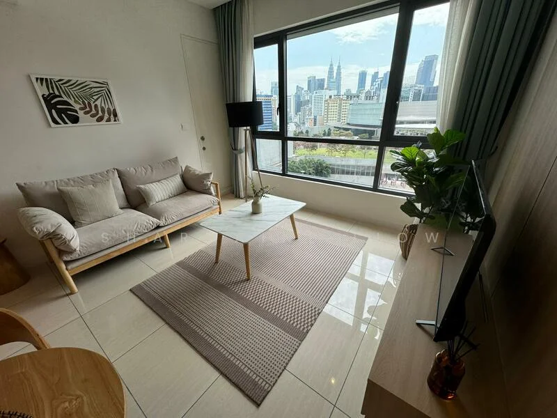 Living features: 3-seater fabric sofa in light beige, coffee table with wooden legs, area rug with geometric pattern, floor-to-ceiling windows, city skyline view, wall-mounted TV, light curtains, decorative plant in pot, wooden side table; style: modern; view: city.
