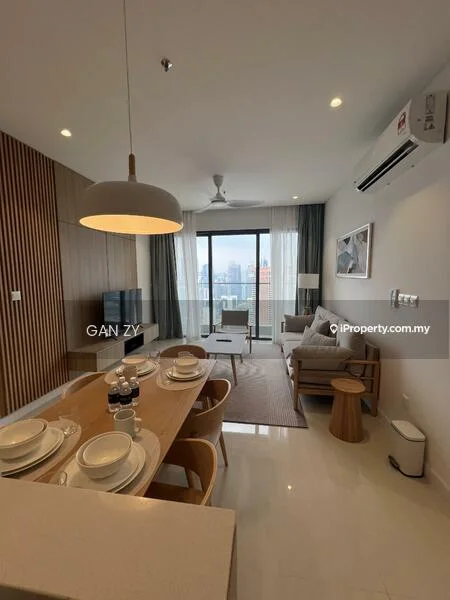 Living features: floor-to-ceiling windows, city view, 3-seater fabric sofa in light grey, wooden coffee table, dining table for 6, white ceramic plates, wooden dining chairs, pendant lamp, ceiling fan, light-coloured walls, marble tile flooring, decorative wall paneling, area rug with neutral tones; style: modern; view: city.