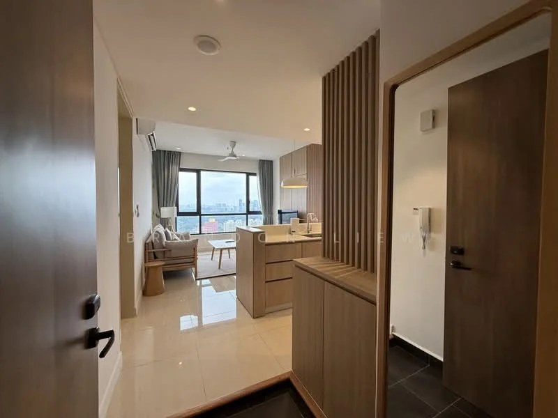 Room features: floor-to-ceiling windows, city view, light-colored walls, wood cabinetry, kitchen island, recessed downlights, ceiling fan, tile flooring, open layout, entrance door, wood paneling, dining area, living area, air conditioning unit; style: modern.