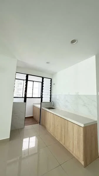 Kitchen features: white painted walls, light wood cabinetry, marble countertop, single-bowl stainless-steel sink, chrome pull-down faucet, tile flooring, large window with black metal grille, open layout; style: modern.