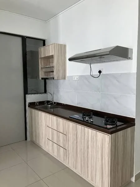 Kitchen features: laminate cabinetry in light wood finish, dark granite countertop, built-in stainless-steel range hood, 2-burner gas hob, white tiled backsplash, ceramic tile flooring, floor-to-ceiling window, open shelving above countertop; style: modern.