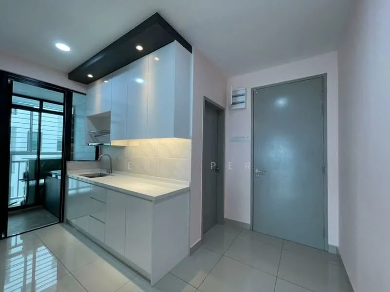 Kitchen features: white glossy cabinetry, grey countertop, single-bowl stainless-steel sink, chrome pull-down faucet, built-in oven, ceramic tile flooring, recessed downlights, sliding glass door, wall-mounted range hood, grey painted walls; style: modern.