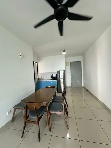 Dining features: rectangular wooden dining table, 4 upholstered dining chairs, ceiling fan, white painted walls, tile flooring, refrigerator, kitchen counter visible in background, light fixture, open layout; style: modern.