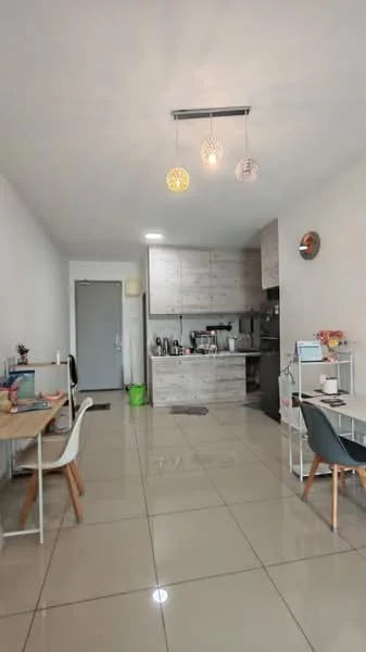 Living features: glossy tile flooring, white painted walls, recessed ceiling lights, 3 pendant lights, open-plan layout, kitchen area with cabinetry, kitchen countertop, dining table with chairs, green trash bin, door leading to hallway; style: modern.