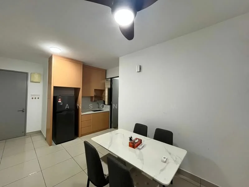 Dining features: white walls, tile flooring, ceiling fan, dining table with marble top, 4 upholstered dining chairs, refrigerator, wood cabinetry, black countertop, kitchen area with sink, built-in oven; style: modern.