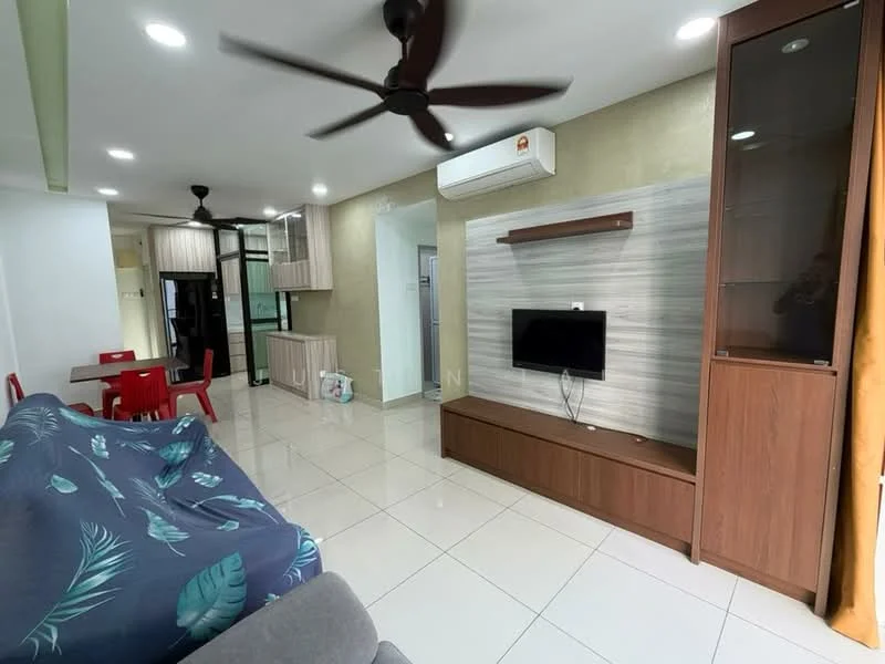 Living features: 3-seater fabric sofa with floral pattern, ceiling fan, wall-mounted TV, wooden TV console, light-colored wall with wood paneling, white tiled flooring, recessed downlights, air conditioning unit, open layout to dining area, glass partition to kitchen, decorative wall shelf; style: modern. Dining features: 4-seater dining table with red chairs, open layout to living area, light-colored cabinetry in background; style: modern. Kitchen features: glass partition, light-colored cabinetry, unknown appliances; style: modern.
