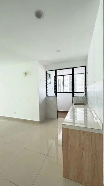 Room features: white painted walls, glossy tile flooring, large window with metal grilles, countertop with light-colored surface, wood cabinetry, open layout, natural light, neutral color scheme; style: modern.