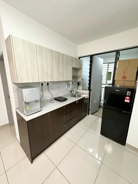 Kitchen features: light wood cabinetry, dark wood lower cabinets, white countertop, stainless-steel sink, chrome faucet, built-in stove, refrigerator, tile flooring, window with grill, open layout, water dispenser; style: modern.