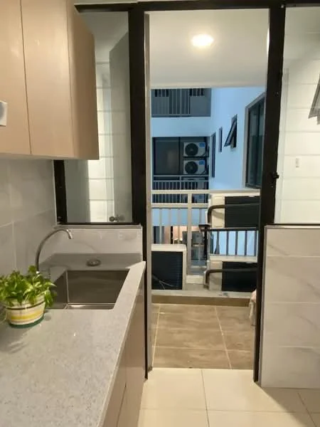 Kitchen features: single-bowl stainless-steel sink, chrome pull-down faucet, grey granite countertop, light wood cabinetry, white tiled backsplash, tile flooring, recessed downlights, open layout to balcony, floor-to-ceiling sliding glass door; style: modern; view: courtyard. Room features: balcony with railing, air conditioning units visible, white walls, tile flooring.