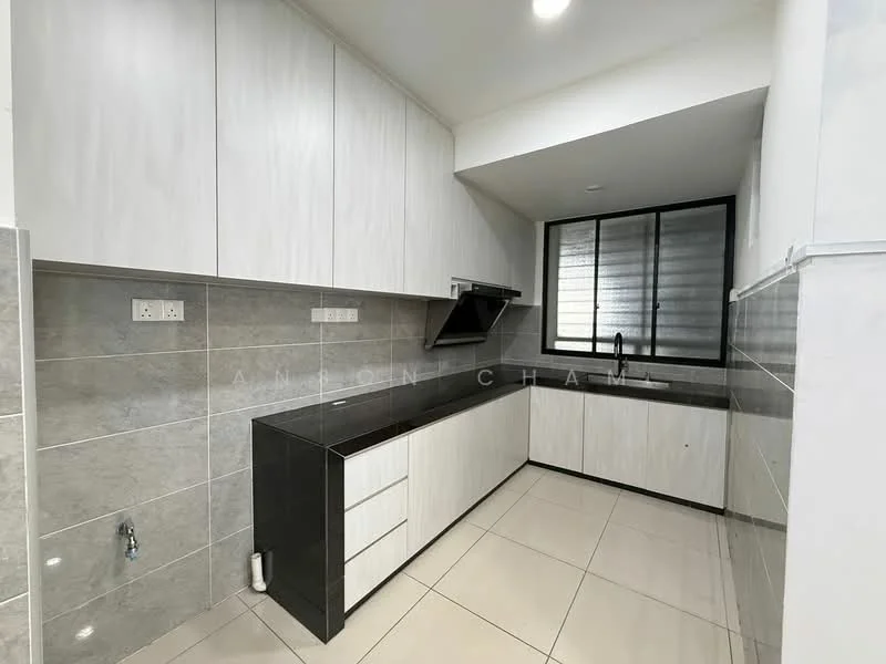 Kitchen features: white laminate cabinetry, black countertop, stainless-steel sink, chrome pull-down faucet, grey ceramic tile backsplash, grey floor tiles, window with black frame, built-in kitchen hood, under-cabinet lighting; style: modern.