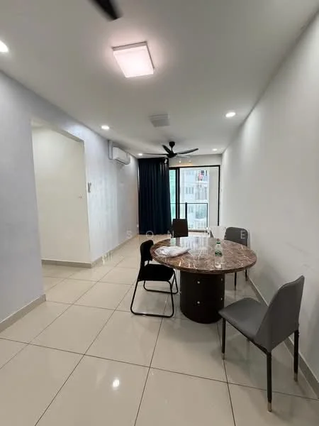 Dining features: round dining table with marble top, 4 dining chairs in grey upholstery, white painted walls, glossy ceramic tile flooring, 5-blade ceiling fan with light, floor-to-ceiling windows, curtains in dark blue, air conditioning unit on wall; style: modern; view: city.