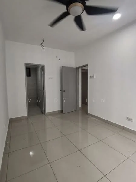 Room features: white painted walls, tile flooring, ceiling fan, recessed downlights, two doors leading to other rooms, neutral colour scheme, no visible furniture, corner of the room with a wall outlet; style: modern.