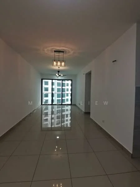 Room features: white painted walls, glossy tile flooring, recessed downlights, 5-blade ceiling fan, large floor-to-ceiling windows, city view, neutral color scheme, open layout; style: modern; view: city.