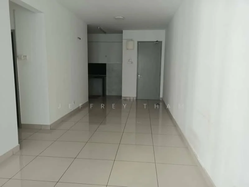 Room features: white painted walls, glossy ceramic tile flooring, recessed ceiling lights, open layout, kitchen area visible in the background, single door, neutral color scheme; style: modern.