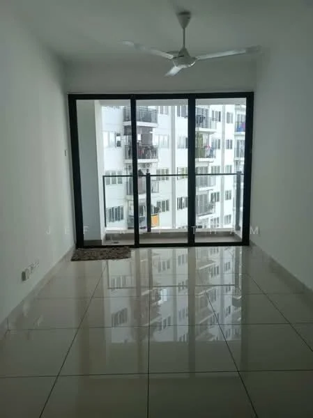 Living features: white painted walls, glossy ceramic tile flooring, 5-blade ceiling fan with light, floor-to-ceiling sliding glass door, black metal railing, neutral area rug, natural light from large windows, view of adjacent building; style: modern; view: city.