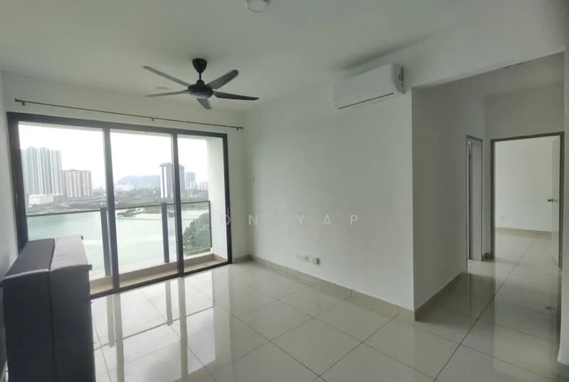Living features: floor-to-ceiling windows, sliding glass door, 5-blade ceiling fan, wall-mounted split AC, white painted walls, glossy ceramic tile flooring, neutral color scheme, city skyline view; style: modern; view: city.