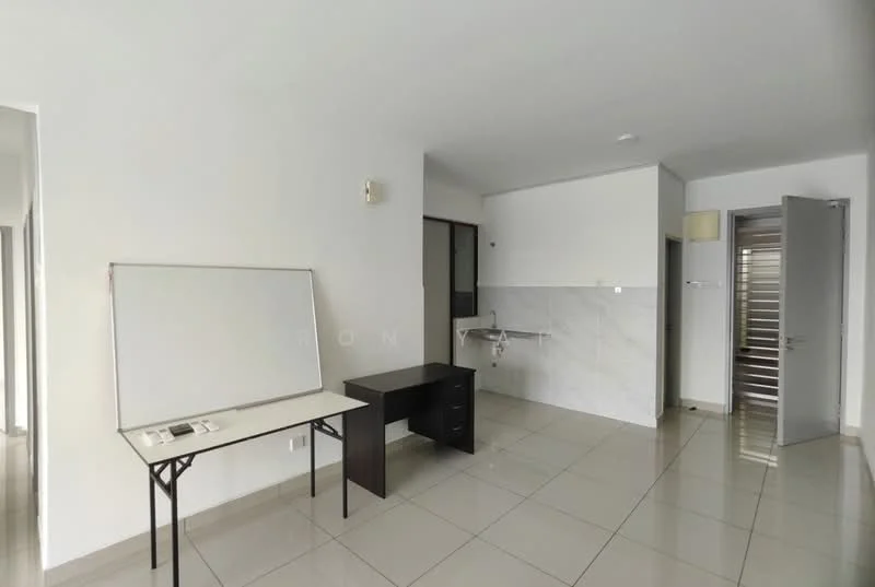 Room features: white painted walls, glossy ceramic tile flooring, large window with natural light, desk with drawers, whiteboard, door to adjacent room, kitchenette area with sink, neutral color scheme; style: modern.