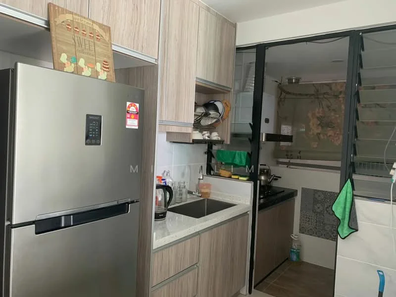 Kitchen features: stainless-steel fridge, wood cabinetry, granite countertop, single-bowl stainless-steel sink, chrome pull-down faucet, built-in gas stove, exhaust hood, tile backsplash, ceramic tile flooring, window with sliding glass, kitchen utensils on rack, decorative wall art; style: modern.