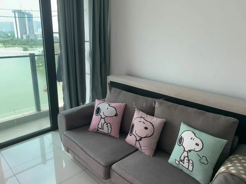 Living features: grey fabric sofa, 3-seater sofa, decorative cushions with cartoon characters, floor-to-ceiling windows, sliding glass door, white painted walls, glossy tile flooring, curtains, view of water, view of city skyline; style: modern; view: city.
