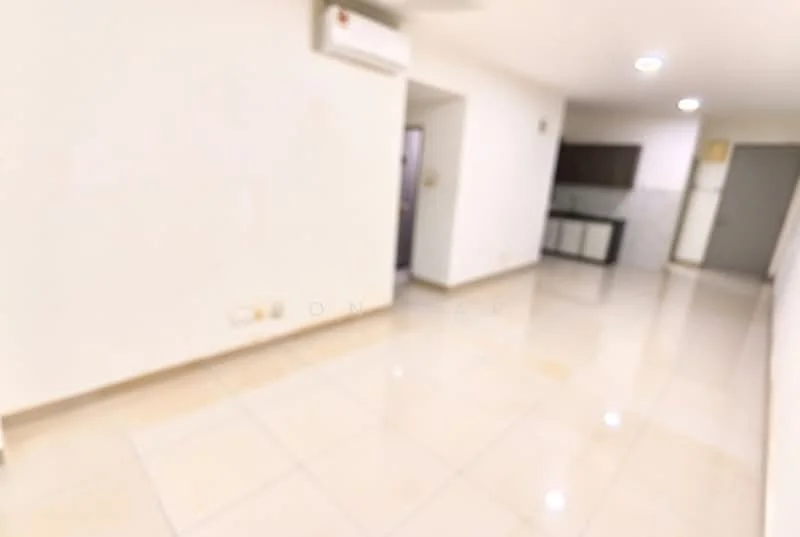 Room features: white painted walls, glossy tile flooring, 1 wall-mounted split AC, recessed downlights, doorway leading to another room, kitchen cabinetry visible in the background, neutral color scheme; style: modern.