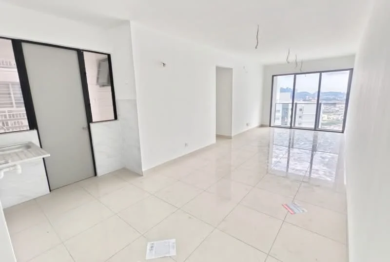 Room features: white painted walls, glossy tile flooring, floor-to-ceiling windows, sliding glass door, marble backsplash at sink area, ceiling with exposed wiring, open layout, natural light from windows; style: modern; view: city.