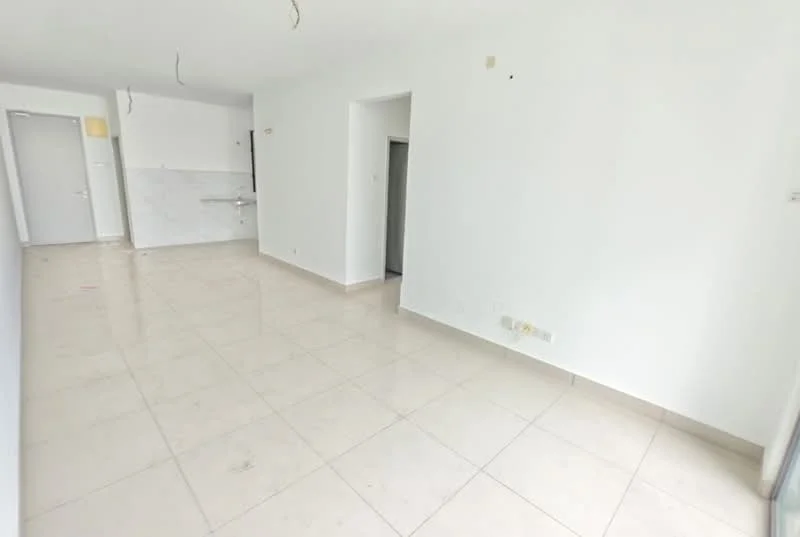 Room features: white painted walls, tile flooring, recessed ceiling lights, open layout, kitchen area with backsplash, doorway to adjacent room, large windows for natural light; style: modern.