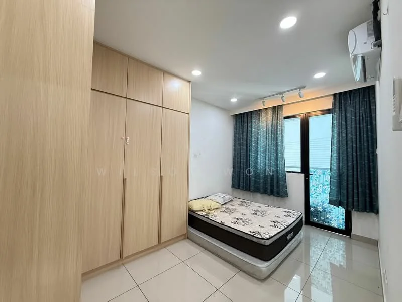 Bedroom features: queen-size bed, upholstered headboard, built-in wardrobe with sliding doors, floor-to-ceiling windows, curtains, recessed downlights, wall-mounted split AC, white painted walls, glossy tile flooring; style: modern.