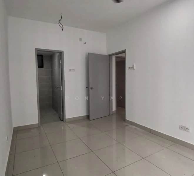 Room features: white painted walls, glossy tile flooring, ceiling with exposed wiring, two doors leading to other rooms, neutral color scheme, no visible furniture or decor; style: modern.