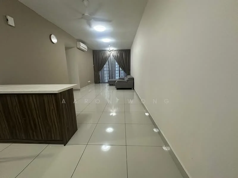 Living features: white painted walls, cream accent wall, polished ceramic tile flooring, 5-blade ceiling fan with light, floor-to-ceiling windows, sheer curtains, grey fabric sofa, recessed lighting, kitchen island with wooden cabinetry; style: modern.