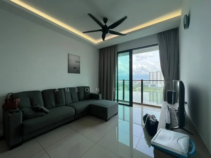 Living features: L-shape sectional sofa in grey, floor-to-ceiling windows, sliding glass door, curtains, 5-blade ceiling fan with light, wall-mounted TV, TV console, glossy tile flooring, decorative wall clock, area rug, decorative artwork; style: modern; view: city.