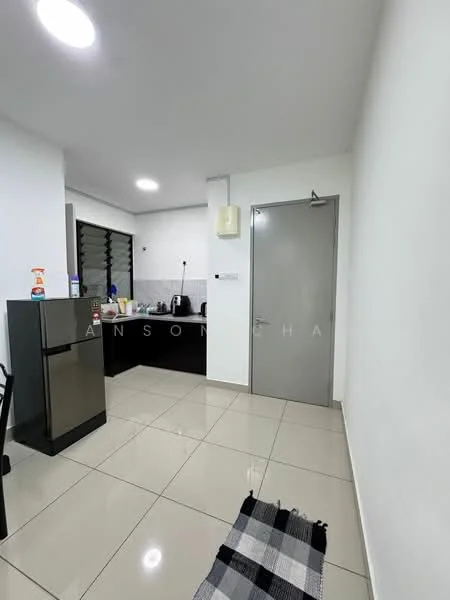 Kitchen features: black cabinetry, stainless-steel fridge, grey tiled backsplash, white walls, recessed ceiling lights, ceramic tile flooring, window with security bars, sink, kitchen countertop, kitchen appliances visible; style: modern. Room features: white walls, ceramic tile flooring, door, light fixture.