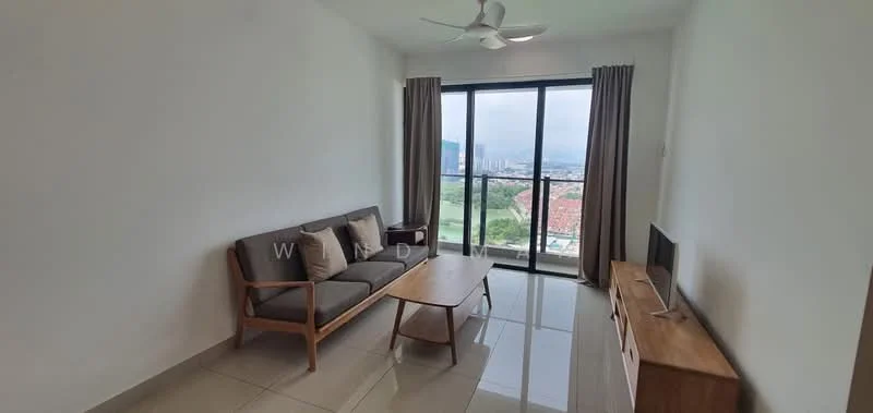 Living features: 3-seater fabric sofa in beige, wooden coffee table, TV console, wall-mounted TV, floor-to-ceiling windows, curtains, ceiling fan, glossy tile flooring, neutral painted walls; style: modern; view: city.