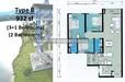 Floor plan: 3-bedroom 2-bathroom unit; features: open-plan kitchen-dining-living, master bedroom with ensuite bathroom, bedroom 2 with shared bathroom, utility room, balcony off living room, central foyer, 1 car porch, 1,032 sqft built-up.