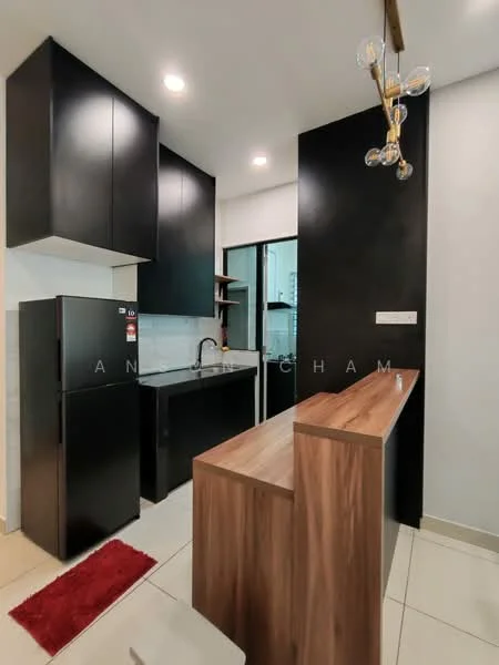 Kitchen features: black cabinetry, wooden countertop, single-bowl stainless-steel sink, chrome pull-down faucet, stainless-steel fridge, tile backsplash, recessed downlights, pendant light, cream tiled flooring, open layout with breakfast bar, window with natural light; style: modern.