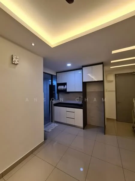 Kitchen features: white cabinetry, black countertop, built-in oven, stainless-steel sink, chrome pull-down faucet, tile backsplash, recessed downlights, grey tiled flooring, open shelving, microwave, kitchen island, wall-mounted cabinets; style: modern.