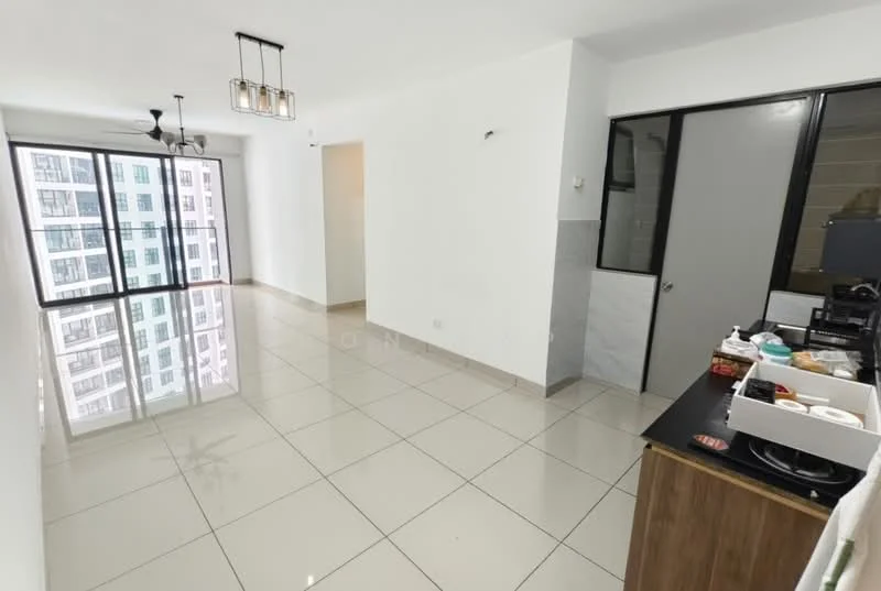 Living features: white painted walls, glossy tile flooring, ceiling light fixture, 5-blade ceiling fan, floor-to-ceiling windows, sliding glass door, open layout, neutral color scheme; style: modern; view: city. Room features: white painted walls, glossy tile flooring.
