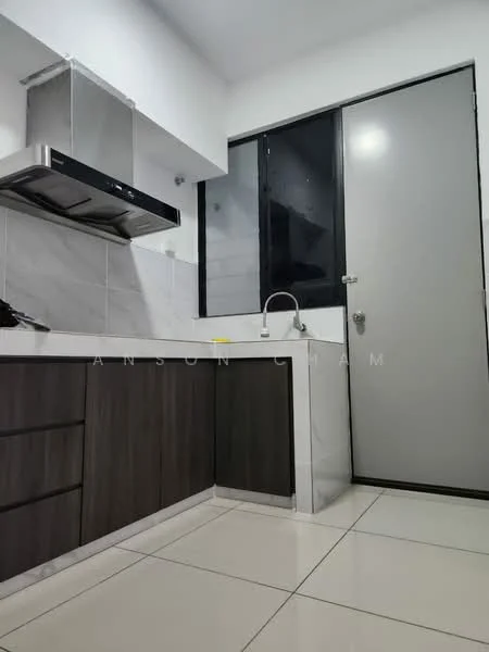 Kitchen features: stainless-steel range hood, single-bowl stainless-steel sink, chrome pull-down faucet, white marble countertop, dark wood cabinetry, grey tiled backsplash, white ceramic tile flooring, floor-to-ceiling window, door leading outside; style: modern.