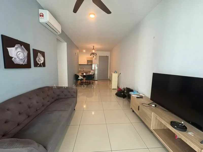 Living features: 3-seater fabric sofa in grey, wall-mounted TV, TV console in light wood, ceiling fan, recessed downlights, white painted walls, cream tiled flooring, decorative wall art with floral patterns, dining area visible in background, open layout, air conditioning unit; style: modern.